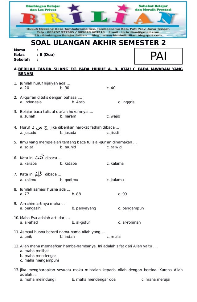 10 Contoh Soal Agama Islam Kelas 2 SD Semester 1 K13 yang Sering Keluar Saat Ujian