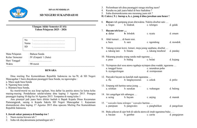 SOAL UAS BAHASA SUNDA KELAS 4 SEKOLAH DASAR docx SOAL UAS BAHASA SUNDA KELAS 4 SEKOLAH DASAR docx