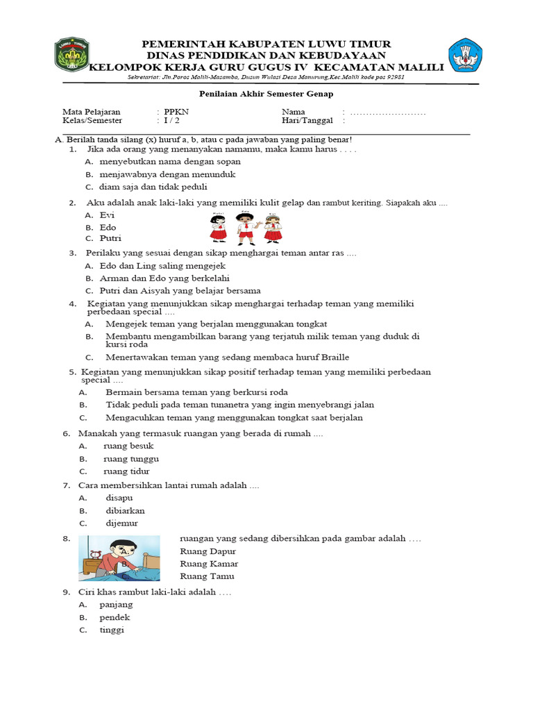 contoh soal pkn kelas 1 tema 1
