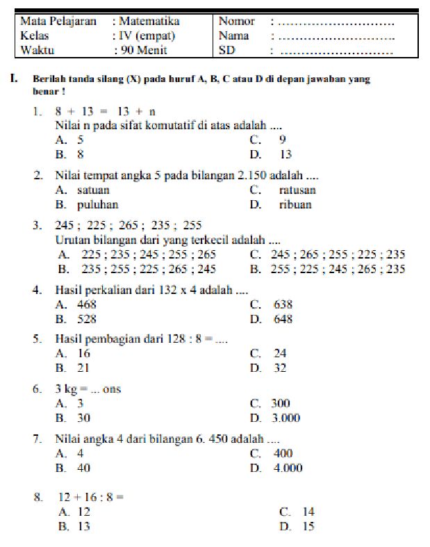 soal matematika kelas 4 dan kunci jawaban pdf