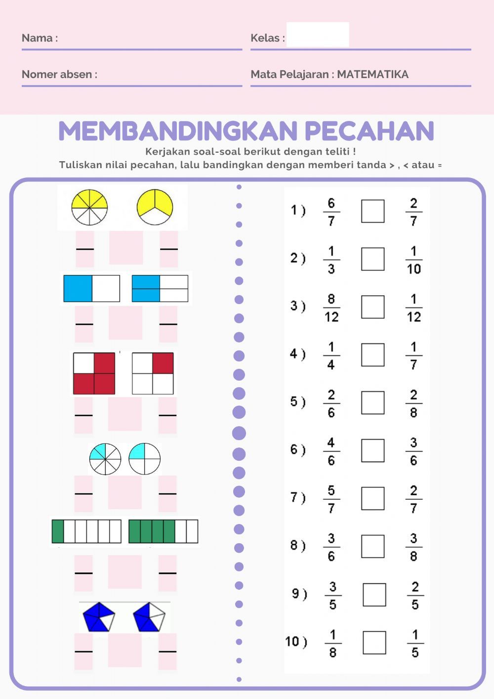Matematika Membandingkan Pecahan worksheet Okul öncesi aktiviteler