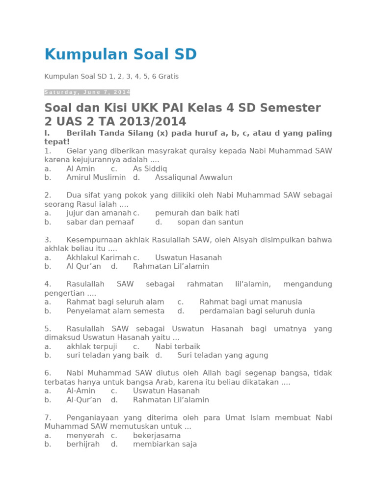 Soal UAS PAI Kelas 4 SD Gratis PDF Soal UAS PAI Kelas 4 SD Gratis PDF
