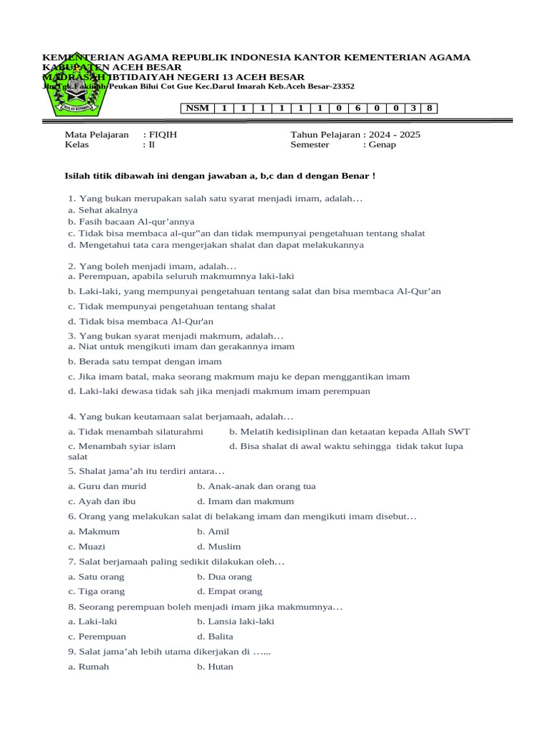 Soal Fiqih Kelas 2 Semester 2 PDF Soal Fiqih Kelas 2 Semester 2 PDF