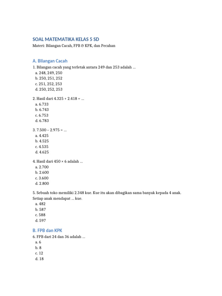 Soal Matematika Kelas 5 FPB KPK Pecahan PDF Soal Matematika Kelas 5 FPB KPK Pecahan PDF