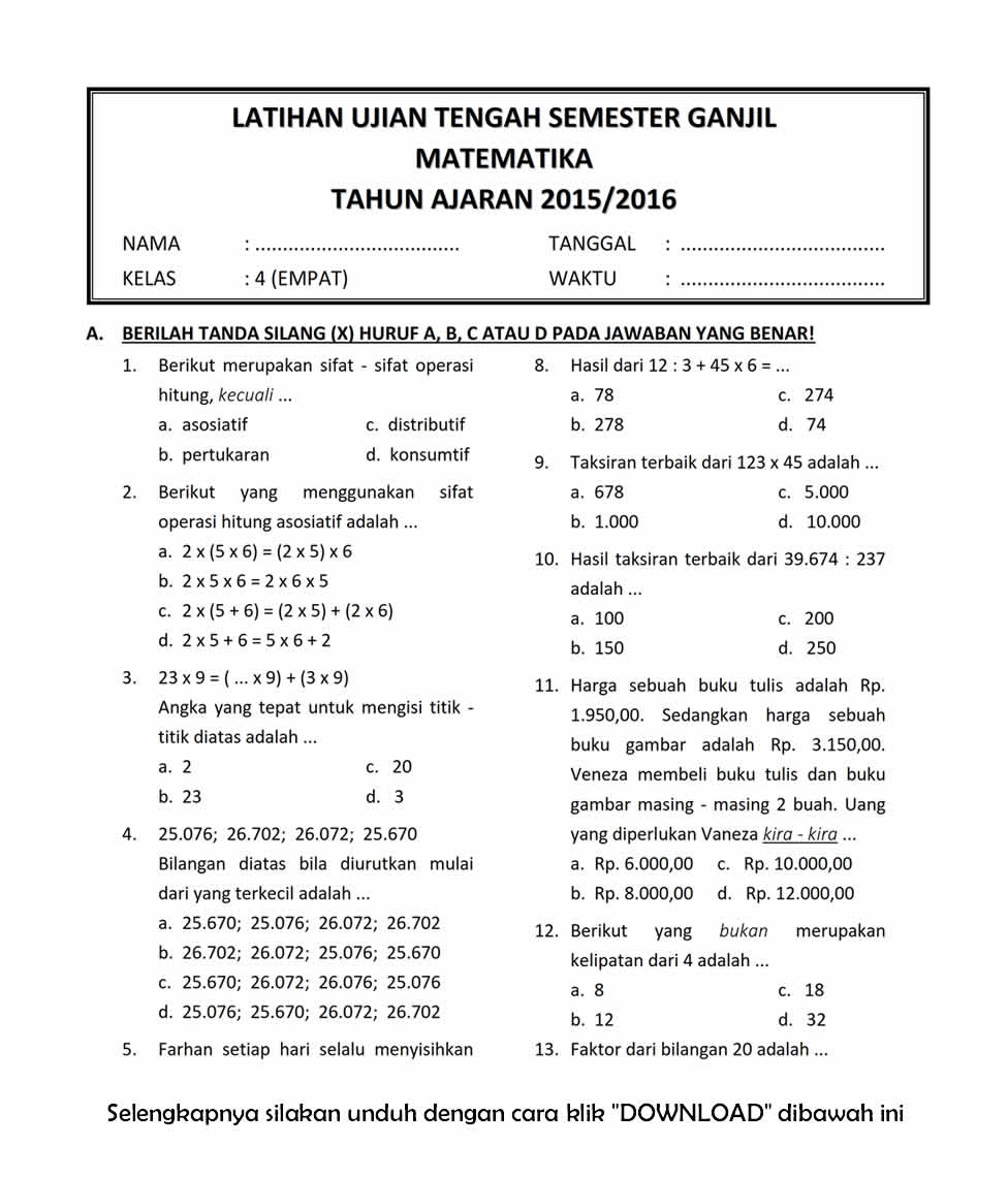KisiKisi Soal Uas Sd Kelas 6 2013 ggetawards - Soal Soal Matematika