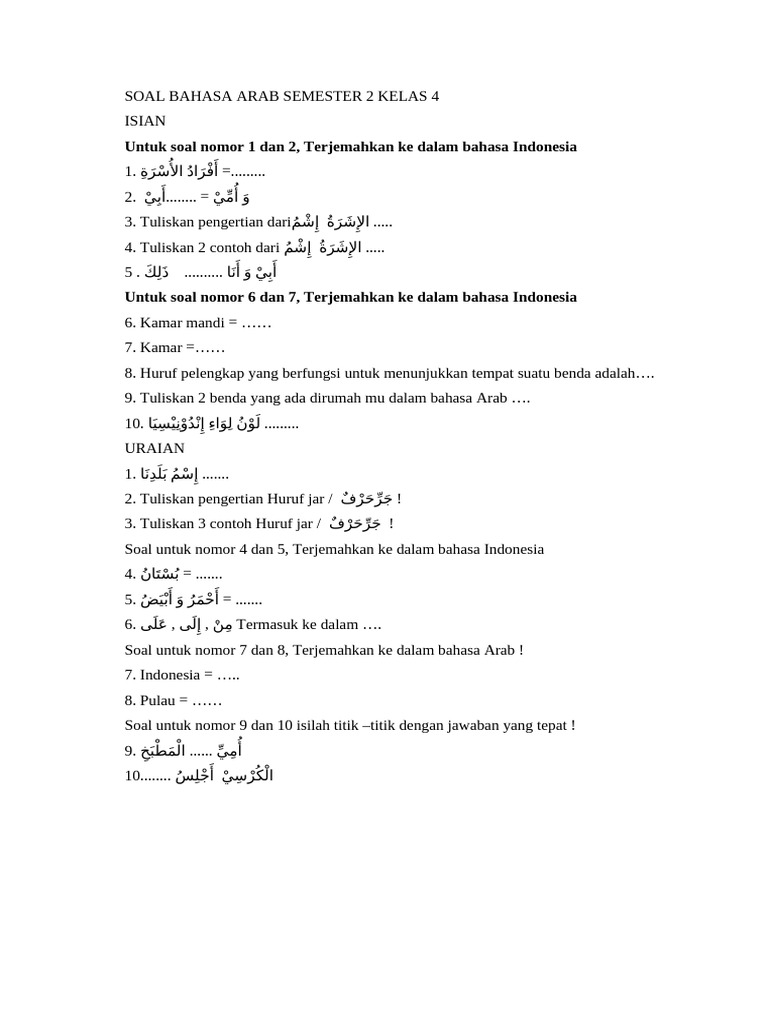 10 Contoh Soal Bahasa Arab Kelas 4 Semester 2 Muhammadiyah yang Wajib Dikuasai Siswa Sebelum Ujian Akhir