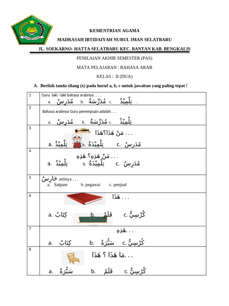 7 Contoh Soal Bahasa Arab Kelas 2 SD Semester 2 Beserta Kunci Jawaban, Wajib Tahu Sebelum Ujian