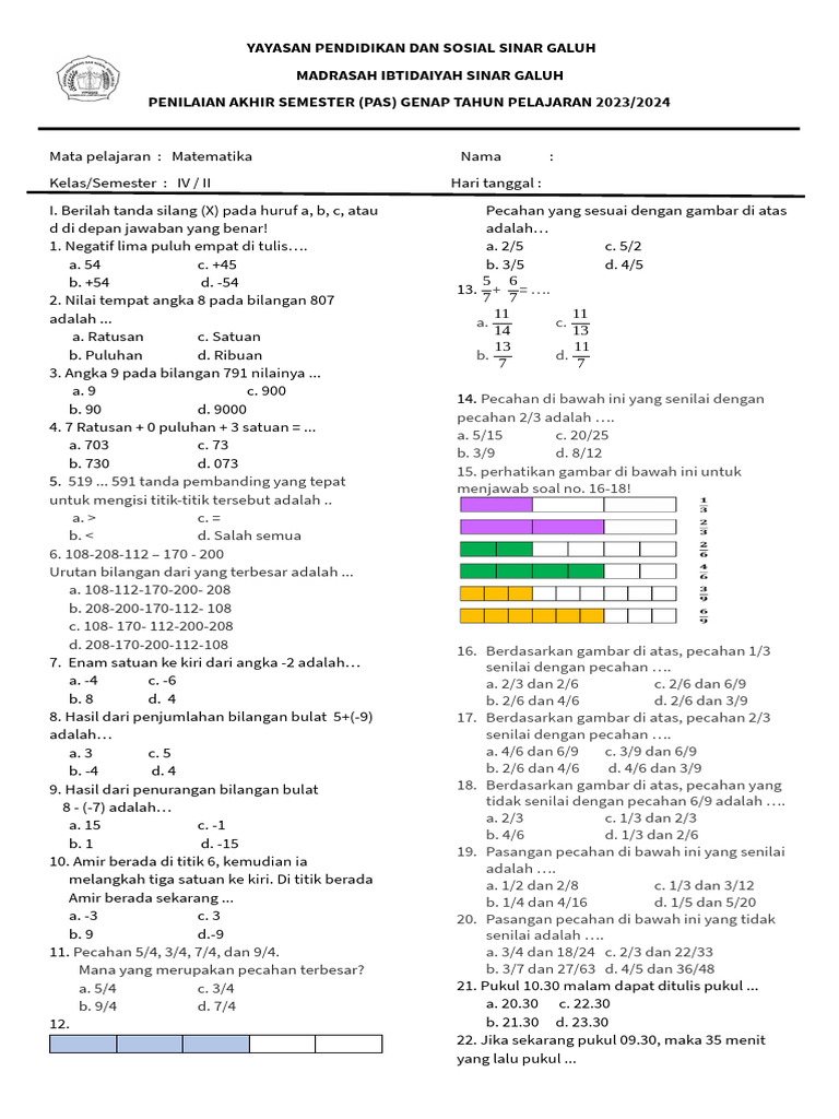 Soal Matematika Kelas IV PAS Genap 2023 PDF Soal Matematika Kelas IV PAS Genap 2023 PDF