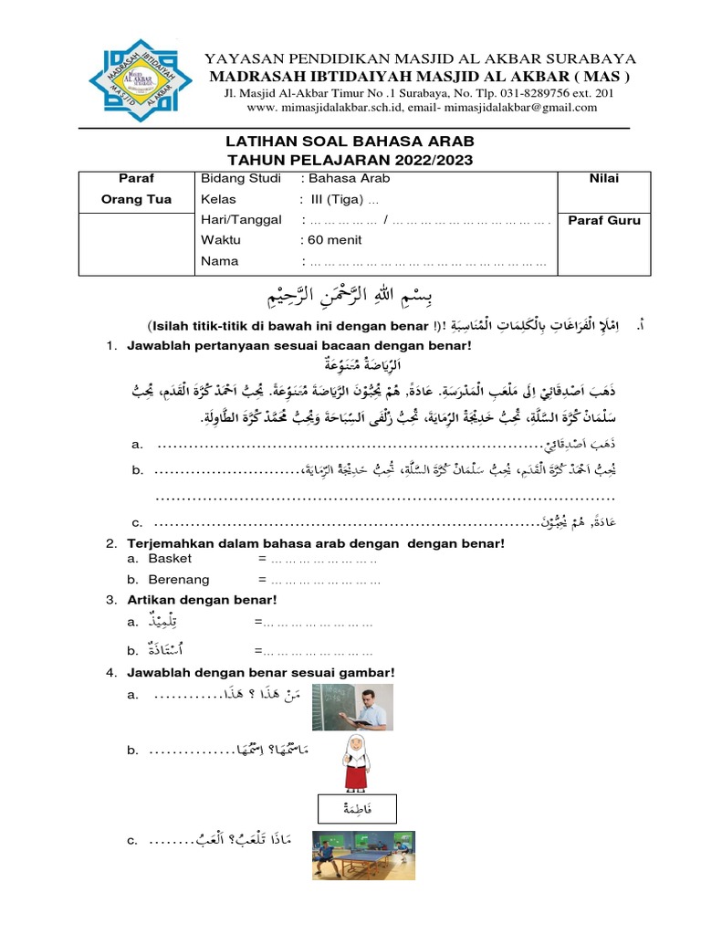 Contoh Soal Bahasa Arab Kelas 3 MI Semester 2 Terbaru 2026, Ternyata Ini Kunci Jawaban yang Sering Muncul