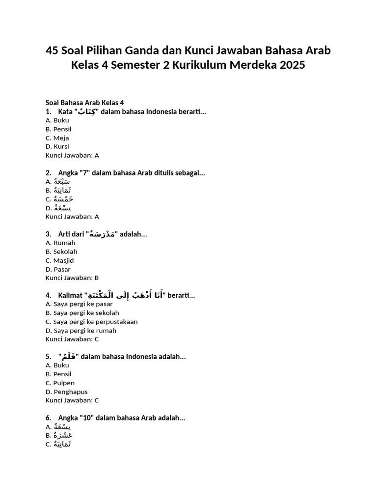 Contoh Soal Bahasa Arab Kelas 4 Semester 2 Ternyata Punya Rahasia Ini, Wajib Tahu Sebelum Terlambat
