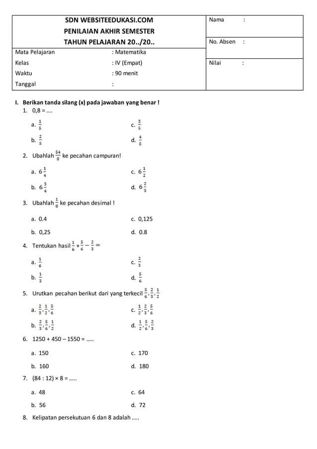 Inilah Latihan Soal PAS Matematika Kelas 4 K 13 yang Sering Muncul, Ternyata Ini Kunci Jawaban Jitu Agar Nilai 100!