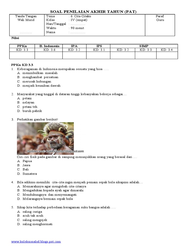 Soal PAT Kelas 4 Cita-Cita dan Puisi PDF Soal PAT Kelas 4 Cita-Cita dan Puisi PDF