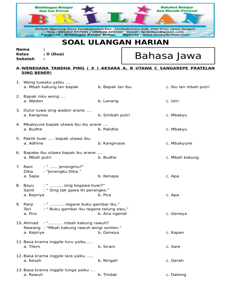 Ternyata Ini Dia Contoh Soal Baha Jawa Kelas 2 Sd yang Sering Muncul di Ujian Sekolah