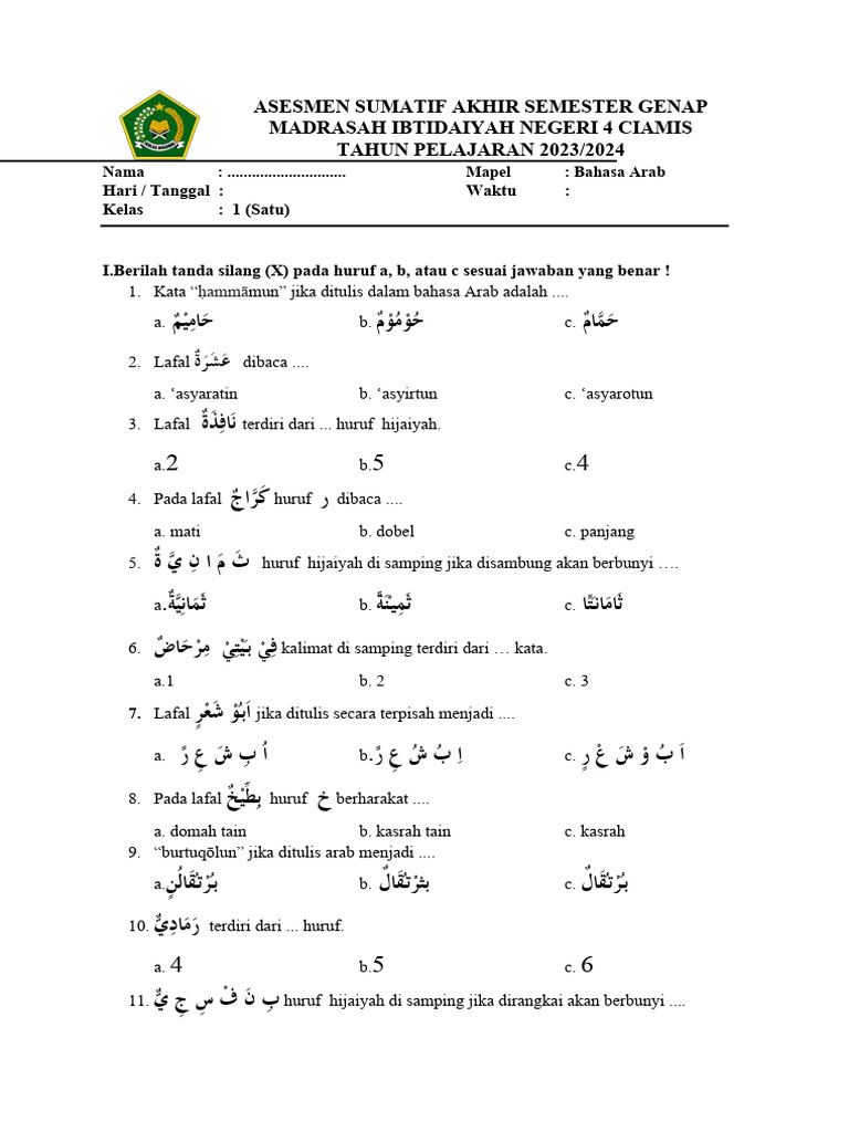 Akhirnya 7 Contoh Soal Bahasa Arab Kelas 1 MI Semester 2 yang Wajib Dikuasai Sebelum Ujian