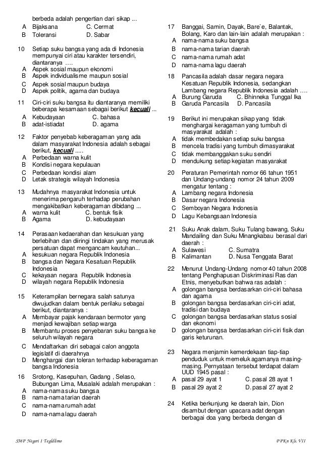 Wajib Tahu Bocoran Soal PKN Kelas 7 Bab 4 Keberagaman Agar Nilai Ujian Maksimal